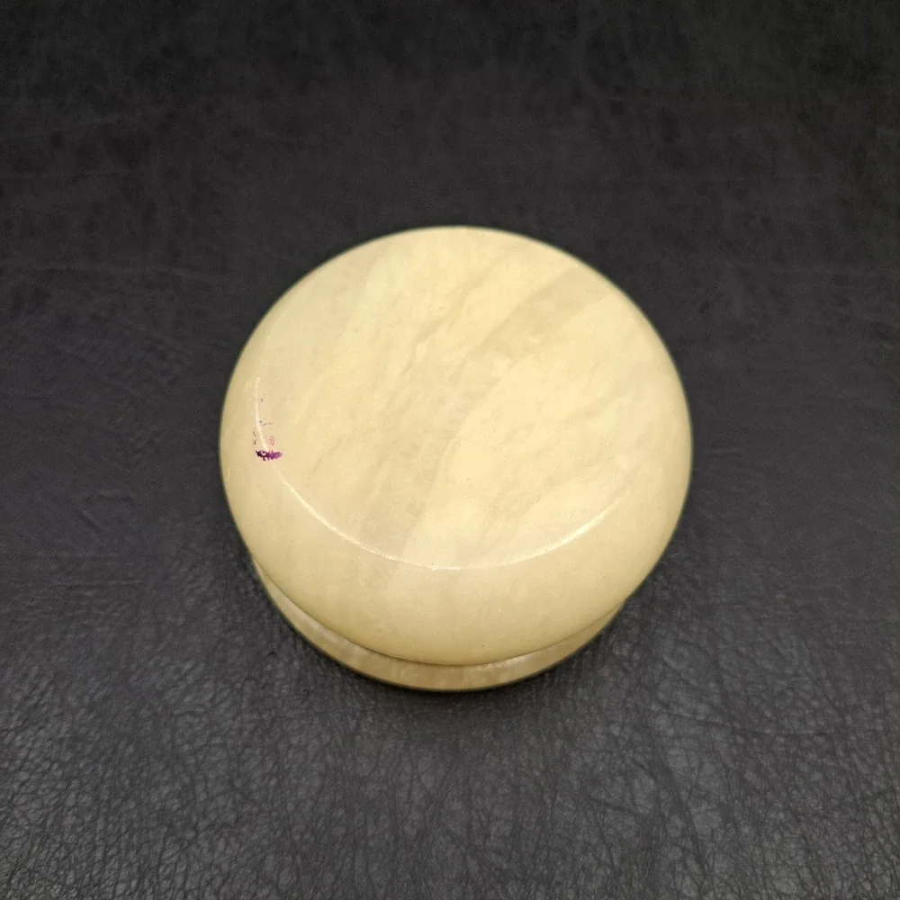 Vintage Alabaster Trinket Box Round Hinged Floral Rose Decal Cream Stone Italy